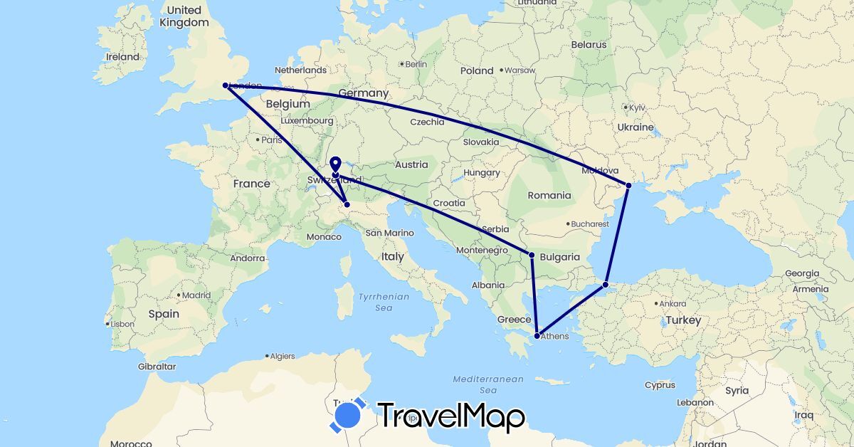 TravelMap itinerary: driving in Bulgaria, Switzerland, United Kingdom, Greece, Italy, Turkey, Ukraine (Asia, Europe)